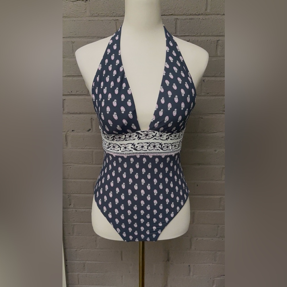 J. Crew Navy and White Halter Swimsuit 6